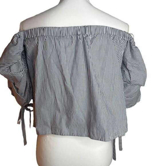 Active USA Open Shoulder Navy/White Striped Blouse with Bubble Sleeves Size S - Picture 3 of 9